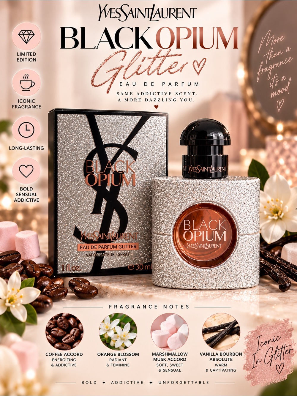 Decorative Bottle and box Yves Saint Laurent Black Opium Glitter